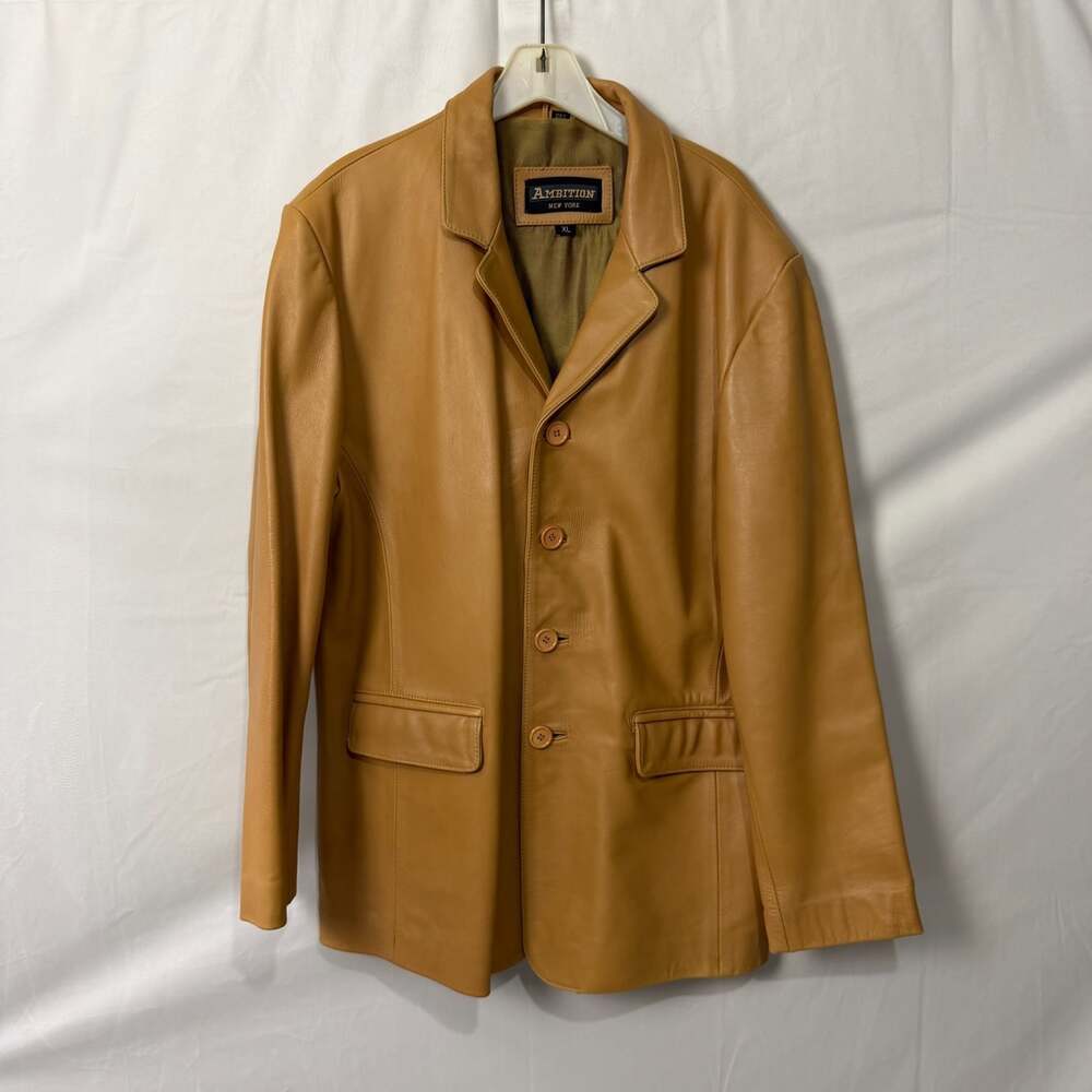 Vintage Y2K Ambition New York Tan Leather Blazer Jacket Mens XL